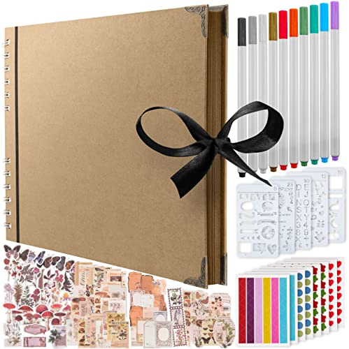 Large Scrapbook Photo Album Kit, (198 PCS) - Brown 80 Pages 28 x 20 CM | 174 PCS Vintage Scrapbook Accessories, 10 PCS Marker Pens, 6 Sheet Stickers, 120 Corners And 5 Stencils (Brown, 28 x 20 CM)