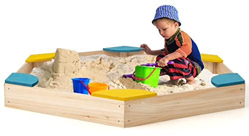 COSTWAY Kids Wooden Sandpit, Children Sandbox with Built-in Seats and Bottomless Structure, Garden Backyard Sand Play Station for Aged 3+ (6 Seats)