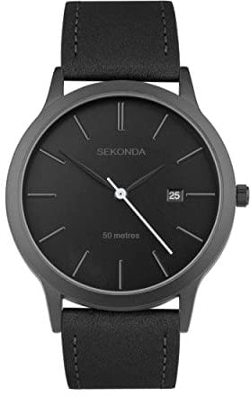 Sekonda Bergen Herren-Quarzuhr mit analoger Datumsanzeige und Lederarmband, 39 mm, Schwarz , Armband