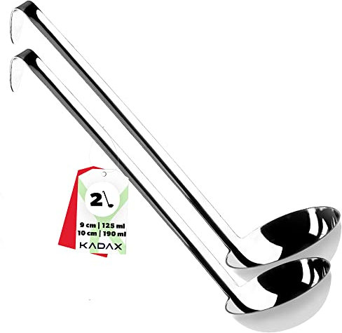 KADAX Cucharón para Sopa, Cazo de Acero Inoxidable con Mango Largo y Ergonómico para Servir Sopas, Caldos y Guisos, Utensilios de Cocina (Juego de 2: 125ml y 190ml)