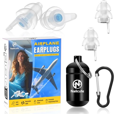 Naiicute Ear Plugs for Flying, Air Pressure Regulating Earplugs Prevent Ear-Pain & Noise Reducing 25 dB,100x Reusable Soft Plane Earbuds for Adults Child 12 YRS+, Airplane Travel Essentials, 2 Pairs