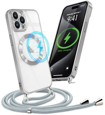 Micoden Handykette für iPhone 15 Pro Necklace Hülle mit Band Magnetisch | Kompatibel mit MagSafe Kameraschutz Transparent Stoßfest Handyhülle Silikon Case Kordel zum Umhängen Schutzhülle, Silber