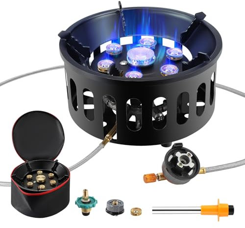 16800W Camping Gas Stove, Portable Gas Stove with 7 Copper Stove Head, Adjustable & Folding Gas Stove Burner, Camping Accessories, Windproof Furnace for Camping Outdoor Cooking Trekking Picnic