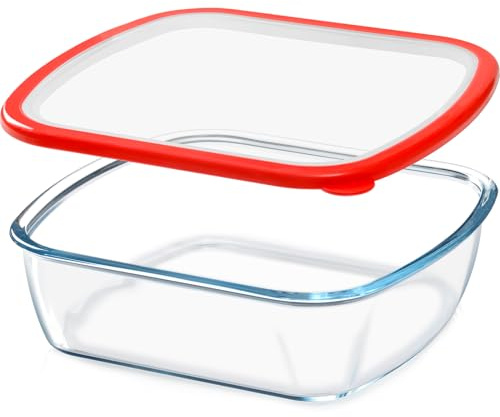 Plato cuadrado de vidrio para hornear de 2.7 cuartos de galón con tapa visible roja, bandeja para hornear de 9 x 9 pulgadas con tapa, bandeja grande y profunda para horno