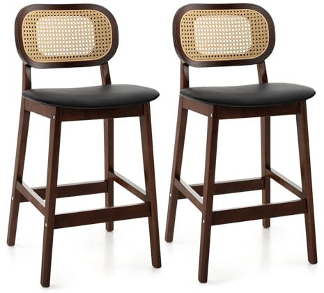 COSTWAY Bar Stools Set of 2, PU Leather Upholstered Bar Chairs with Rattan Backrest, Footrest & Anti-slip Foot Pads, Wooden Counter Height Breakfast Dining Chairs for Kitchen Island Bar