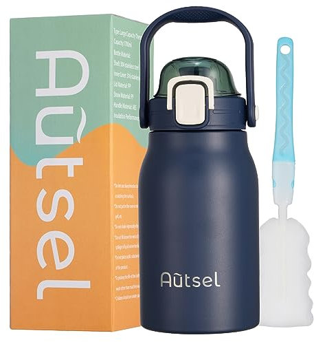 Autsel 1 litro Botella Agua Acero Inoxidable Botella Termica con Pajita Deportiva Termo sin BPA con Doble Aislamiento