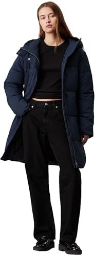 Calvin Klein Damen Mantel Logo Belt Long Puffer mit Gürtel, Blau (Ink), S