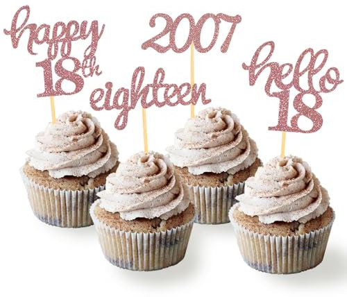 24 Pcs Glitter 18th Birthday Cupcake Toppers for Celebrating 18th Birthday Party Decorations for Eighteen Years Old Birthday Party Supplies (Rose Gold)