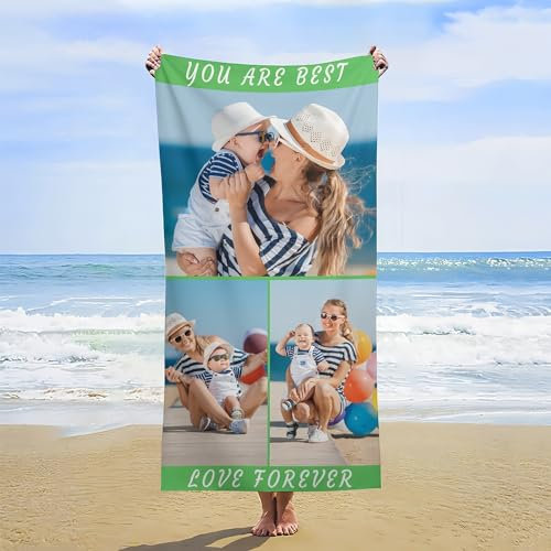 Bbflyper Strandtücher Personalisierte Strand Badetuch mit Eigenem Foto,Superweiches Mikrofasergewebe Geschenk für Bad,Strand,Sommer-3Fotos