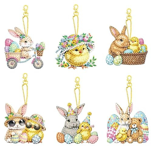 PearlGirl 5D Diamant Malerei Schlüsselanhänger Kits, DIY 6 Stücke Hase Bär und Huhn Diamant Kunst Schlüsselanhänger Edelstein Kunst Hängen Anhänger Handwerk Für Rucksack Handtasche
