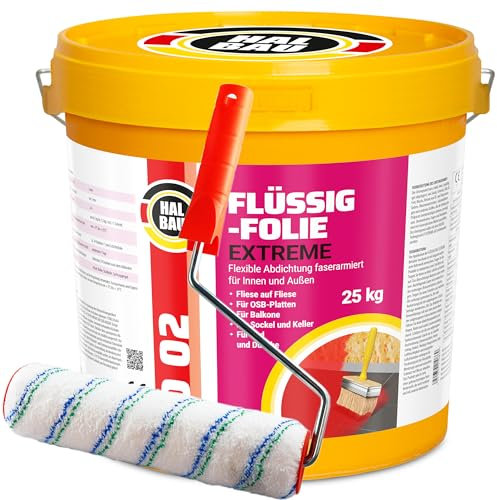 Flüssigfolie 25kg für Innen und Aussen, Faserverstärkte Hochelastische Abdichtung, Wassersperre unter Fliesen, Balkon, Dusche + Farbroller 25cm mit Bügel, Halbau SET D02