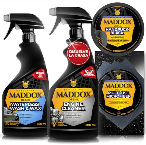 Maddox Detail - Pack de Limpieza de Motor, Lavado en Seco, Cera, Aplicador y Microfibra | Engine Cleaner 500ml + Waterless Wash&Wax 500ml + Handpuck Black + Multi-Use Microfiber.