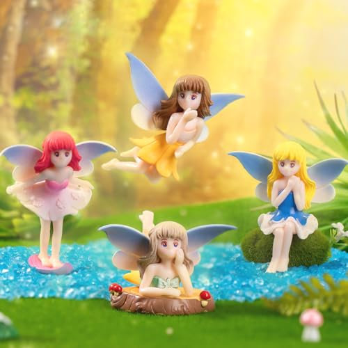 Purple Star 4PCS Fairies for Fairy Gardens Accessories Ornaments Small Fairy Figures Miniature Figurines Little Plastic Fairys Cake Topper Decorations Mini Statues Gifts Blue