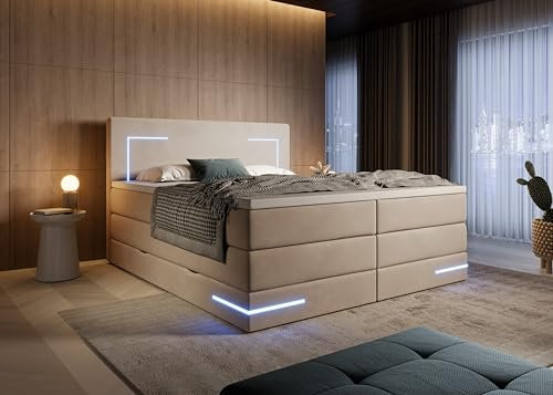 wonello Detroit Boxspringbett 160x200 mit Bettkasten und LED-Beleuchtung - gemütliches Bett mit LED - Stauraumbett 160 x 200 cm mit Matratze und Topper - Samt-Stoff beige - H3/H4