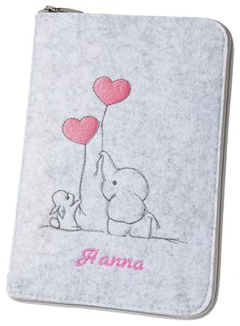 U-Heft Hülle 'Hase & Elefant' DIN A5 personalisierbar aus Filz (Farbe & Stickerei wählbar) - Hülle für Kinderuntersuchungsheft & Impfpass - Organizer - Geschenk für werdende Mütter & Baby