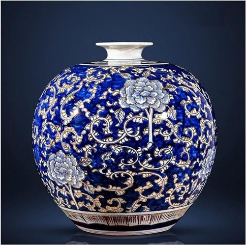 CCKUHN Vase aus Keramik mit Golddekoration, handbemalt, blau-weißes Porzellan, große Vase im chinesischen Stil, Blumenarrangement für das Wohnzimmer, Hellgrau (EIN Gelb) (EIN Gelb)