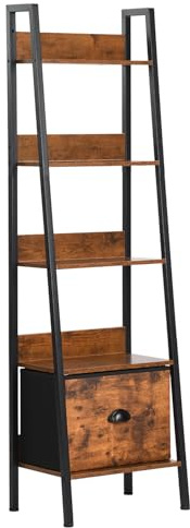 FurnitureR Libreria a scala, libreria a 5 ripiani, con cassetto, per casa, ufficio, soggiorno, camera da letto, 42,5 x 29 x 141 cm, marrone