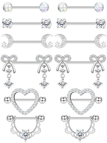 CASSIECA 6 Paar 14G Nippelpiercing Chirurgenstahl Damen Brustwarzenpiercing Herz Nippel Ringe Mond SchmetterlingBogen Nippel Bars mit Silber CZ-Anhänger Barbell Piercing Körperschmuck