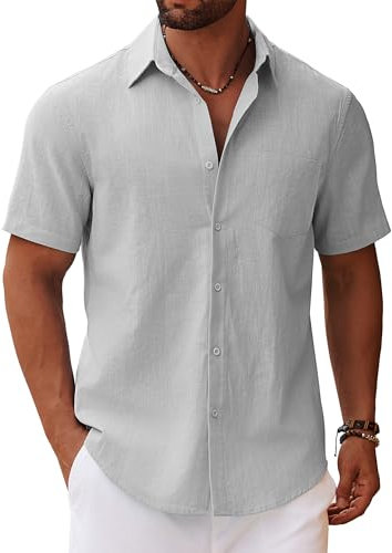 COOFANDY Mens Short Sleeve Shirts Summer Linen Shirts Casual Cotton Shirt Button Down Shirt with Pocket Holiday Beach Regular Fit Light Grey M