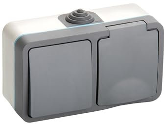 Enchufe y conmutador IP54 de superficie, resistente al agua y al polvo, ideal para exteriores y entornos húmedos.