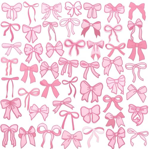Wavwavw 50 Pcs Pink Bow Patches Pink Theme Embroidered Patches Applique Cute Bow Aesthetic Sew on Christmas Iron on for Clothes Hats Backpacks Jackets Accessories