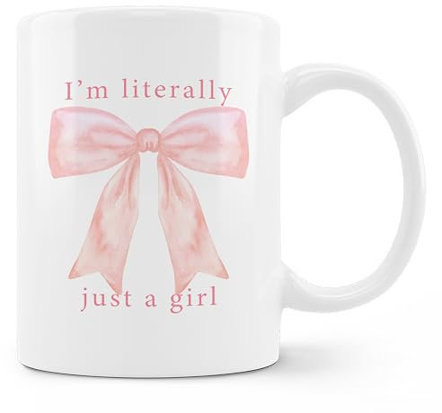 PIBONTO Pink Preppy Coquette Bow Mug,Bow On Coffee Cup Ceramic Coffee Mug 11oz, I'm Literally Just A Girl White Ceramic Mug,Bow Mug for Women Girls Bestfriend Sister Girlfriend,Pink Bow Lovers Gift