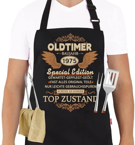 Grillschürze 50 Geburtstag Mann, Küchenschürze als Geschenk zum 50. Geburtstag, Schwarz Kochschürze Wasserdicht mit Spruch: Oldtimer Baujahr 1975 in Topzustand, Geschenk für Männer zum 50. Geburtstag