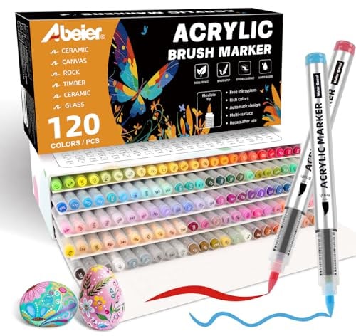 ABEIER 120 Farben Acrylstifte Set für Steine Wasserfest Brush Tip Acrylic Pens Set, Acrylmarker Schnelltrocknend und Ungiftig, Acrylstifte zum Bemalen für Stoff, Leinwand, Glas, Holz und Papier