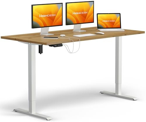 KRIEG HighDesk SMART Höhenverstellbarer Schreibtisch 120 x 70 cm I Weiß + Eiche - Elektrischer Sitz- & Stehtisch mit Tischplatte - Stehschreibtisch Elektrisch Höhenverstellbar