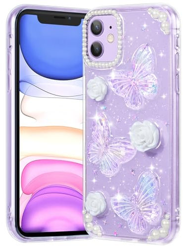 CASBST Compatible with iPhone 11 Phone Case, Clear Case with Cute Butterfly Floral Pattern Design for Girls Women, Slim Soft TPU Protective Sparkle Glitter Cover for iPhone 11 (Crystal Butterfly)