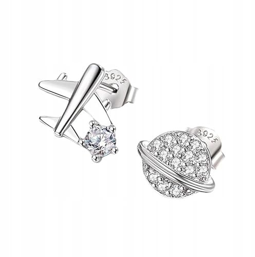 FRAISE Ohrringe Silber 925 - Ohrstecker Silber 925 - Flugzeug & Planet - Asymmetrische Ohrstecker mit Zirkonia - Echt Silber - Hypoallergen, Minimalistisch, Zeitloser Schmuck (Silber)