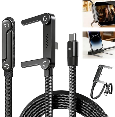 2-in-1 Invisible Stand Charging Cable, 240W Braided Fast Charging Cable Typ C with Built-in Phone Stand, 4.9FT T-Shaped Foldable Phone Charger Cables Stands
