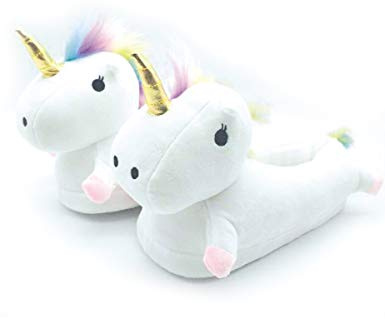Vegaoo Einhorn-Hausschuhe Geschenkidee Plüsch Weiss-bunt - Grau, Weiss