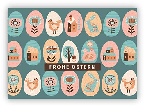 Nette Retro Osterkarte mit bunten folklore Ostereiern: frohe Ostern - Klappkarte zum Osterfest • fröhliches Premium Klappkarte mit Ostermotive inkl Umschlag Kollegen