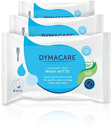 Dymacare® feuchte Waschhandschuhe, parfümfrei, weiche große Handschuhe, Gesicht-Körper-Hände, in Mikrowelle erwärmbar, mit pflegender Aloe Vera, einweg (Packung enthält je 8 Waschandschuhe)