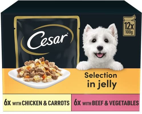 CESAR Pouch Selection in Jelly, Fresh Adult Wet Dog Food Pouches in Delicious Jelly with Succulent Meats and Vegetables, 48 x 100 g