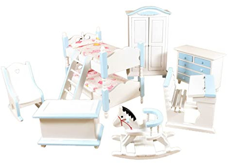 Puppenhaus Blau & Weiß Schlafzimmer Möbel Set Mit Etagenbett 1:12 Maßstab