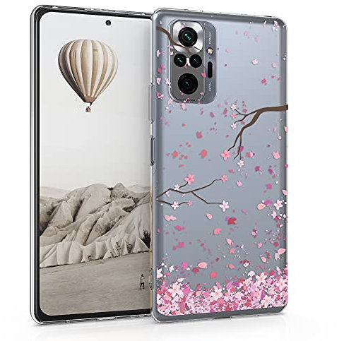 kwmobile Custodia Compatibile con Xiaomi Redmi Note 10 Pro - Cover Silicone TPU - Protezione Back Case - Pioggia di petali rosa/marrone scuro/trasparente