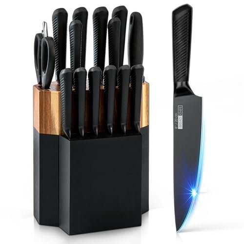 CFORM Knife Set, 15-Piece Professional Kitchen Knives Sets with Wooden Block, High Carbon Stainless Steel Knife Block Set with Steak Knives, Black