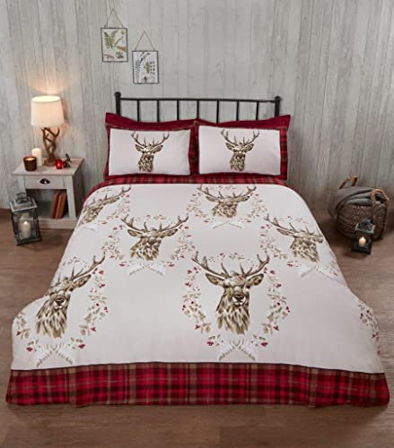 Rapport Home Bettwäsche-Set aus 100% gebürstetem Baumwollflanell, Motiv: Angus Hirsch, Winter-Bettwäsche-Set (Kingsize, Rot)