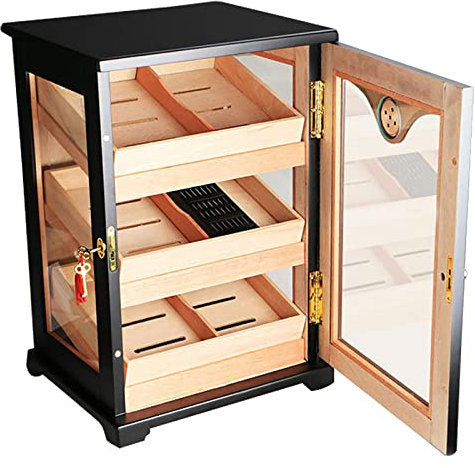 Handgefertigter Humidor Mit Zedernholzfutter Und 3 GroßEn Schubladen, Dreiseitiger Glas-Zigarrenschrank Mit Klavier-Finish, Schloss Und Hygrometer, HäLt (100-150 Zigarren),Black