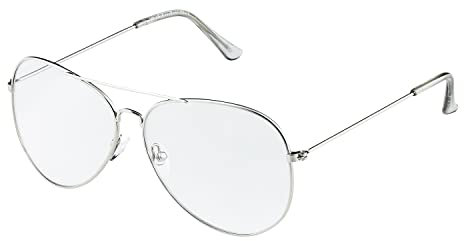 Ultra Adults Silver Frame Pilot Style Costume Glasses Retro Design Glasses Transparent Clear Lens Metal Eyewear Non Prescription Classic Fake Fashion Glasses for Men Women Eyeglass Decorative Eyewear
