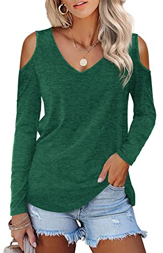 Beluring Ladies Long Sleeve T-Shirts Casual Cold Shoulder V Neck Tunic Tops Green Size 18 20