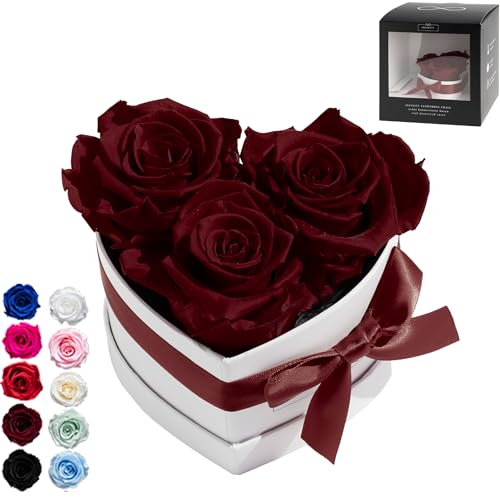 Infinity Flowerbox Small Herz - 3 echte Premiumrosen in Dunkelrot - 3 Jahre haltbar ohne gießen | In Geschenkverpackung mit Satinschleife