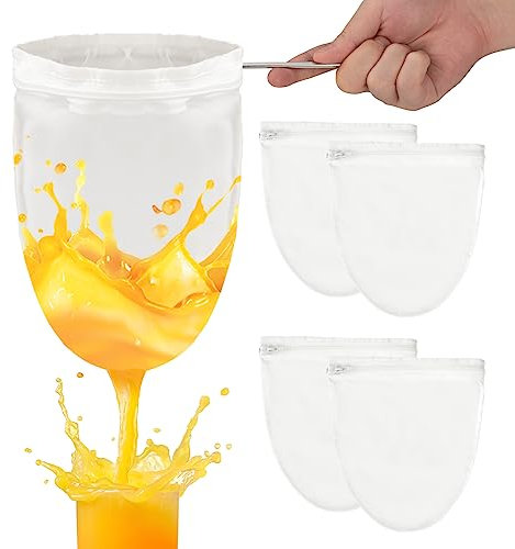 Sac de Filtre Alimentaire Sac Filtrant en Mailles Réutilisable avec 1 Anneau en Acier Inoxydable pour Lait de Noix Jus de Fruits 4 Pièces Blanc