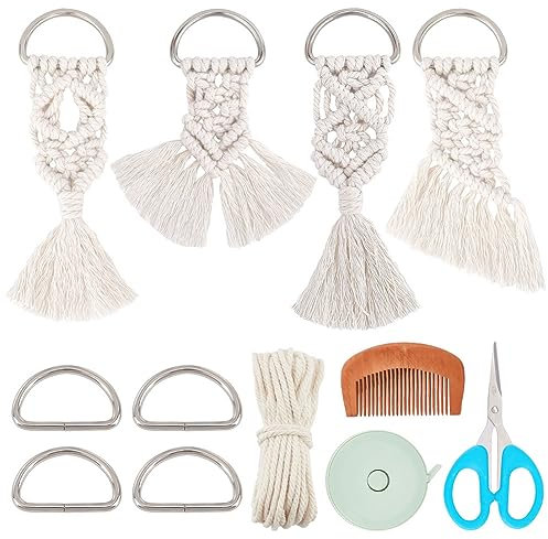 INFUNLY Makramee-Schlüsselanhänger-DIY-Set 4 Stück Boho-Makramee-Schlüsselanhänger Makramee-Sets Mit D-Schnallen Bastel-Schlüsselanhänger-Sets Für Erwachsene Mit Quasten Baumwollkordel Anleitung