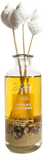 Perfume de ambiente artesanal Vainilla y Mandarina 200 ml, aroma dulce y cítrico, difusor con varillas de mimbre y conchas de yeso