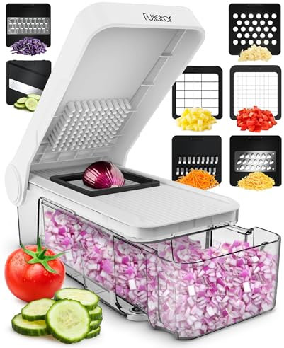 Coupe Legumes Multifonctions et Mandoline Professionnelle Cuisine - Trancheur de Légumes - Decoupe Legumes Cube Oignon Carotte Concombre Tomates - Rapeuse Legume et Fromage (Compact 7-en-1 Blanc)