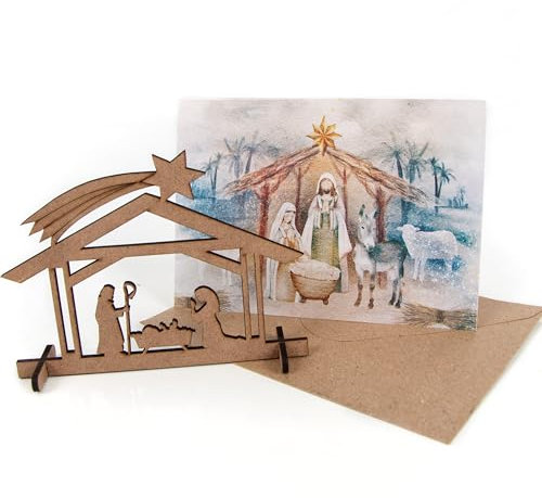 Logbuch-Verlag 3 Weihnachtskarten mit Kuvert + Weihnachtskrippe aus Holz Weihnachten Karte mit kleinem Geschenk DIN A6