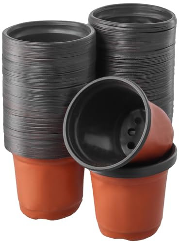 KEILEOHO Lot de 200 Pots de Fleurs de 10 cm, Pot pour Semis Exterieur Interieur, Pot Plastique Plante, Pot de Repiquage Ronds，Rouge Brique